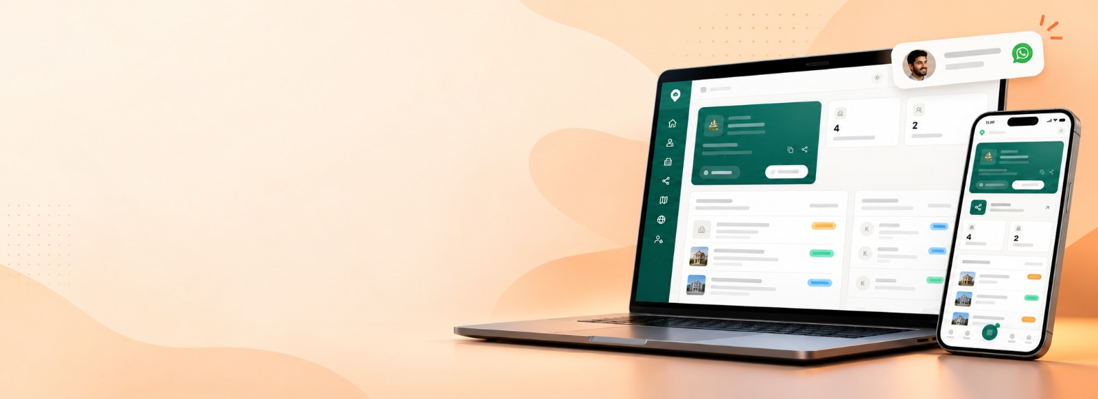 Business Manager dashboard on laptop and phone with listings, leads, and a WhatsApp notification