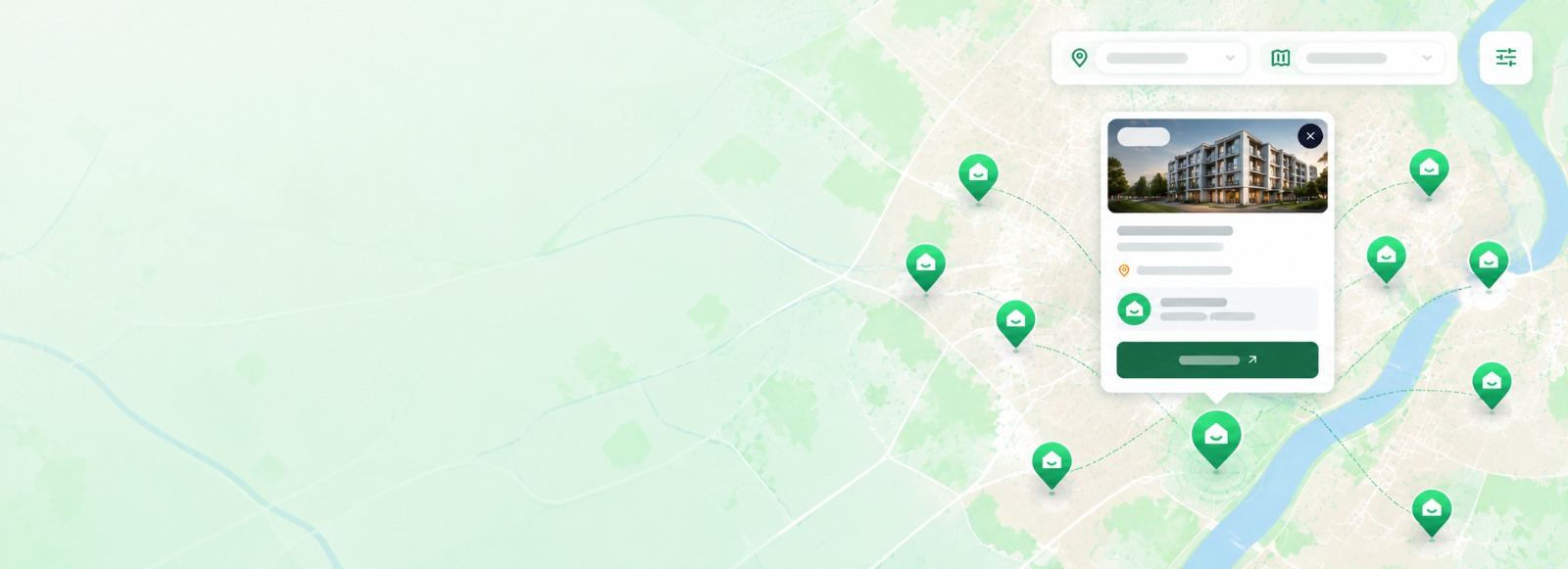 Broker Map interface with property pins on a city map and a listing preview card