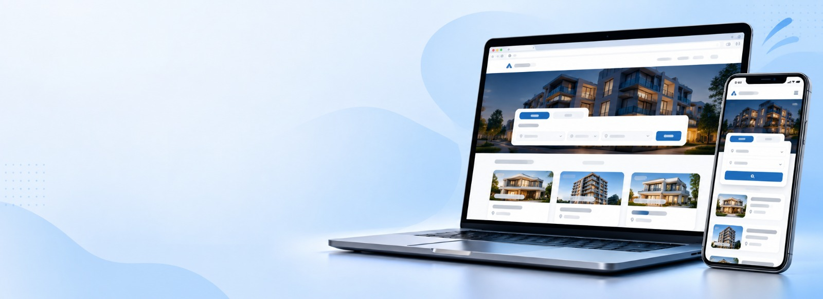 Laptop and phone showing a branded PropDost property website with search and listing cards