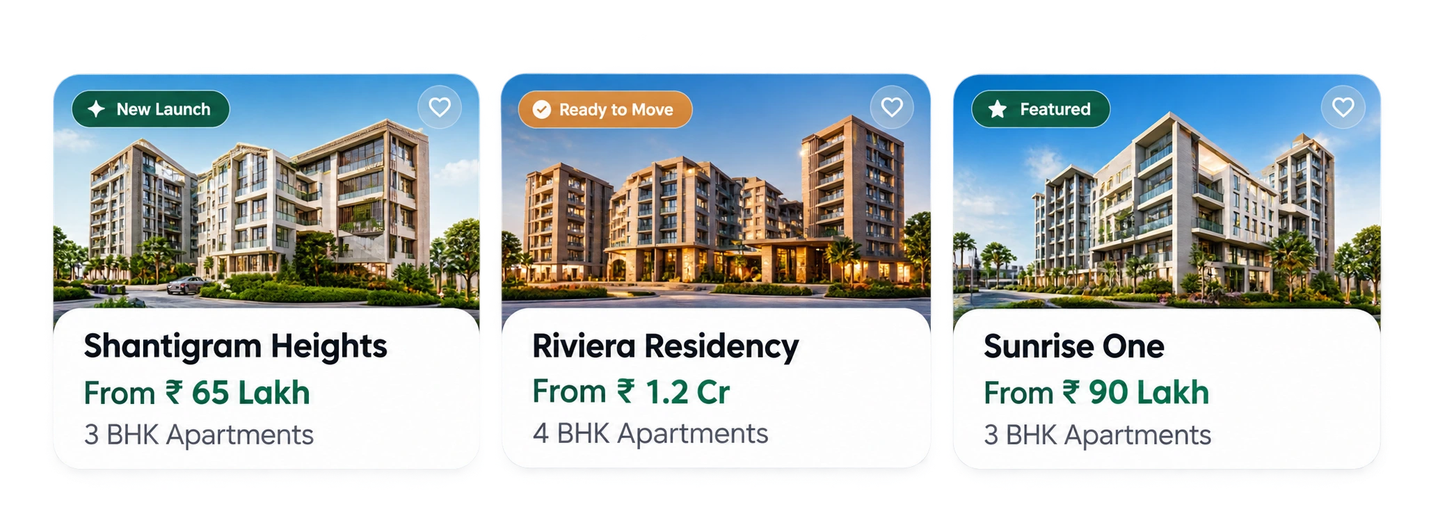 Builder project cards showing new launch, ready to move, and featured apartment projects with prices