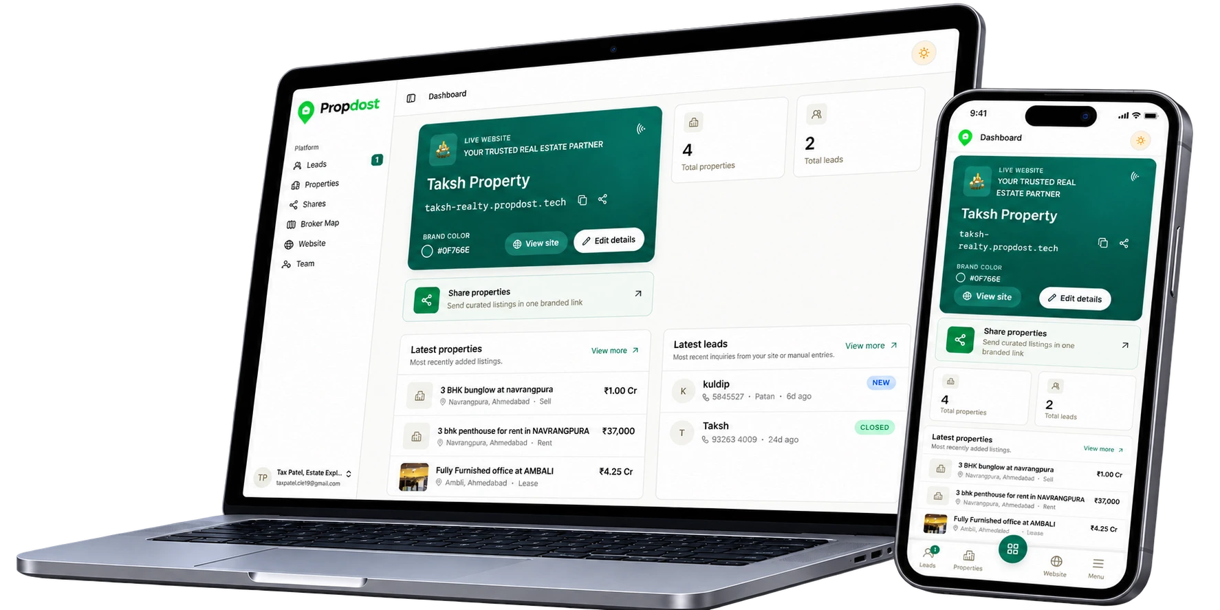 PropDost dashboard on laptop and phone showing website stats, latest properties, and leads