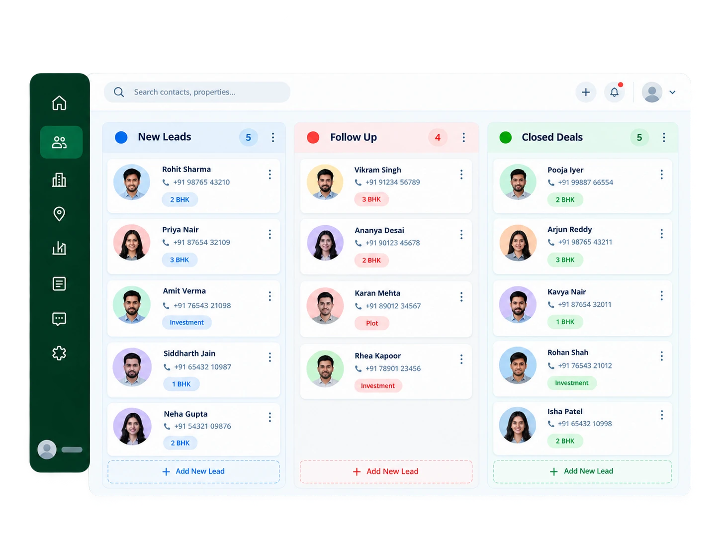 Lead board with New Leads, Follow Up, and Closed Deals columns and contact cards