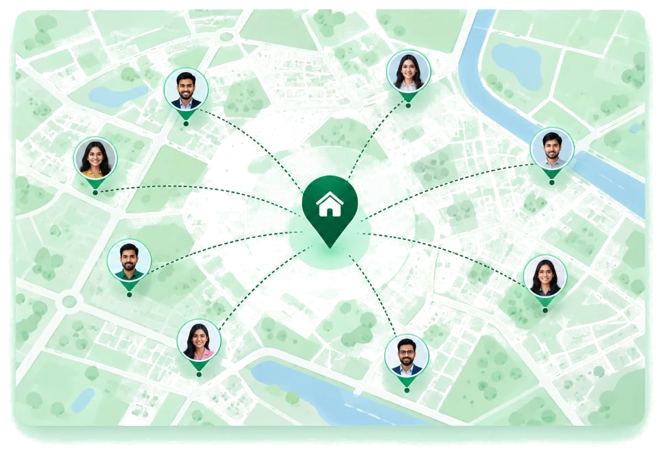 Map with a central property pin connected to nearby co-broker profile pins