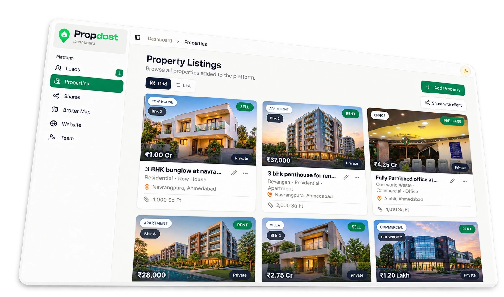 PropDost property listings dashboard with a grid of sale and rent cards