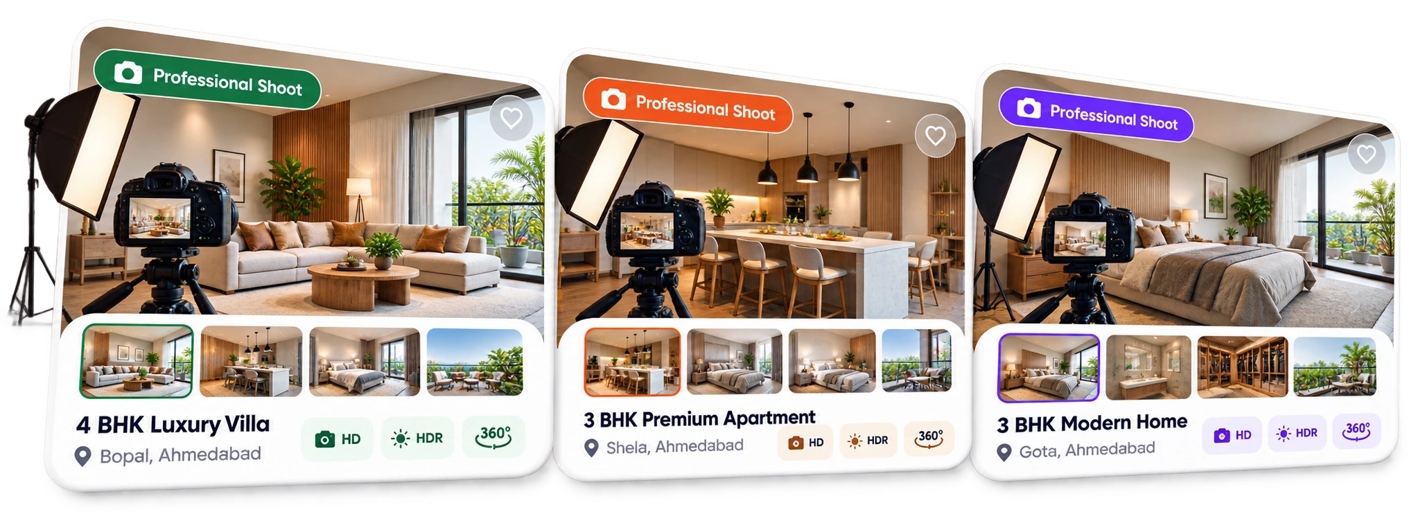 Professional property shoot cards with HD, HDR, and 360 degree photo options