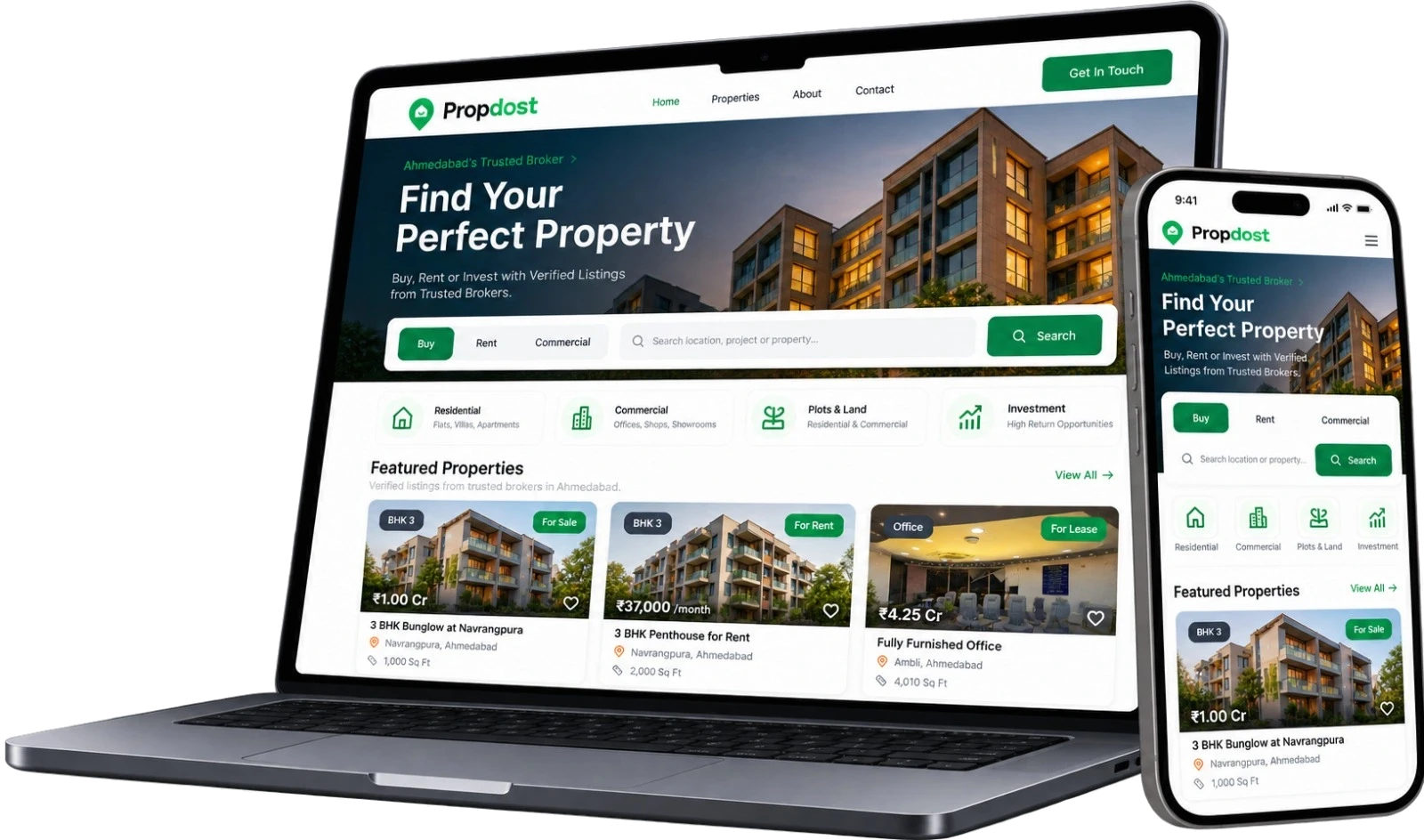 PropDost broker website shown on a laptop and phone, with property search and featured listings