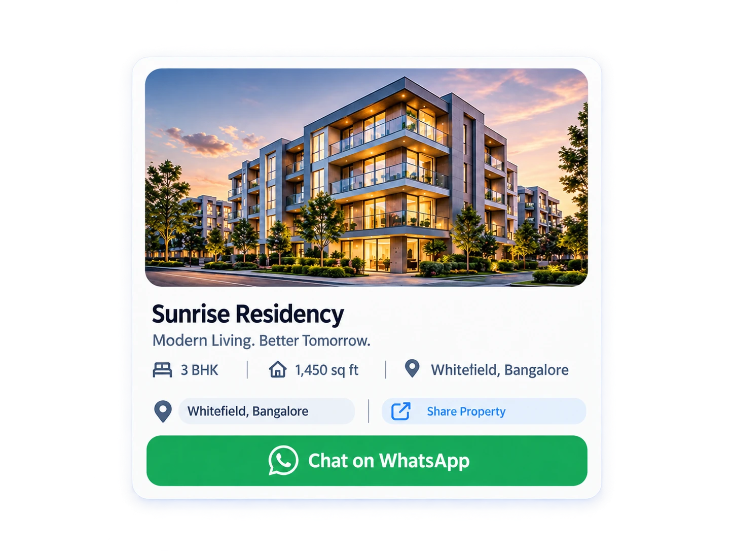 Branded property share card for Sunrise Residency with a Chat on WhatsApp button